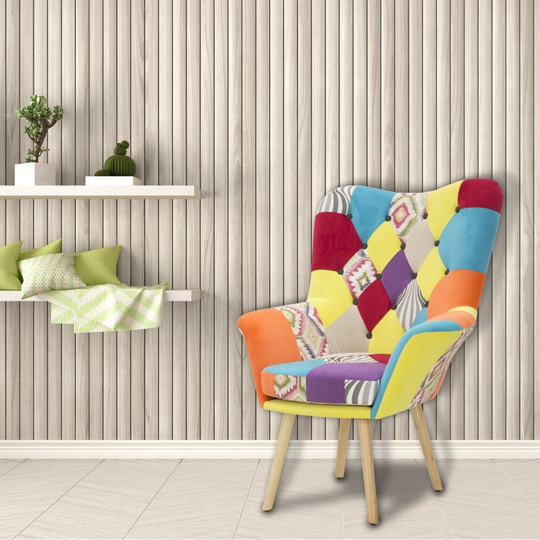 Poltrona in tessuto patchwork VIVACE con gambe in legno