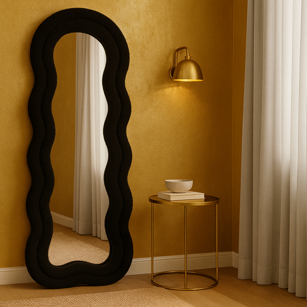 Specchiera da terra BLACK WAVE in tessuto bouclè nero