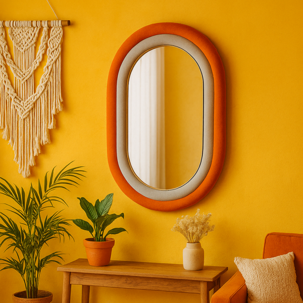 Specchio ovale da muro in velluto arancio e grigio chiaro