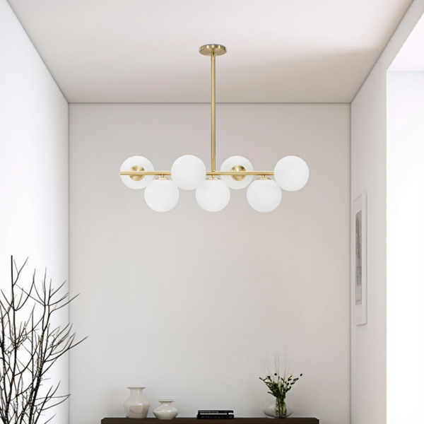 Lampadario moderno a 8 sfere in vetro opalino – 110 x 90 cm