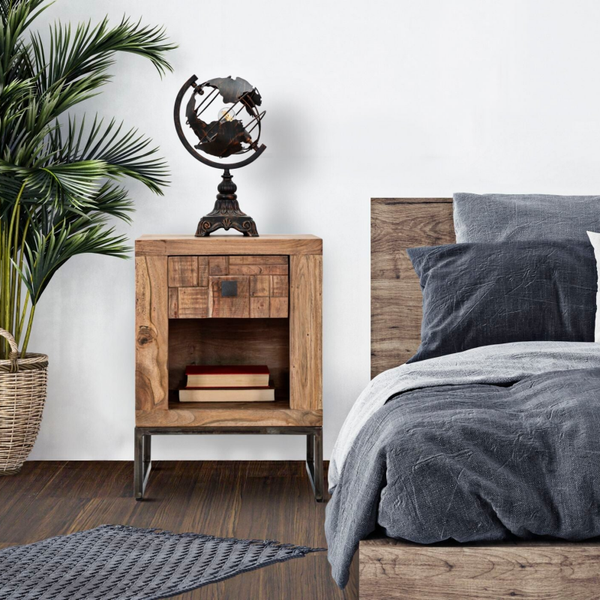 Comodino in legno di acacia con cassetto + vano a giorno