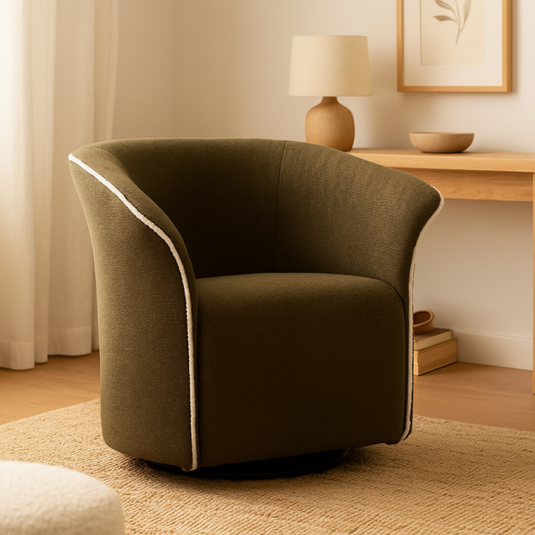 Poltrona girevole in tessuto verde con bordino bianco