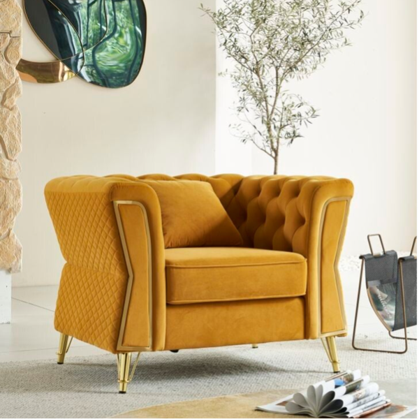 Poltrona DUBAI in tessuto senape e particolari oro