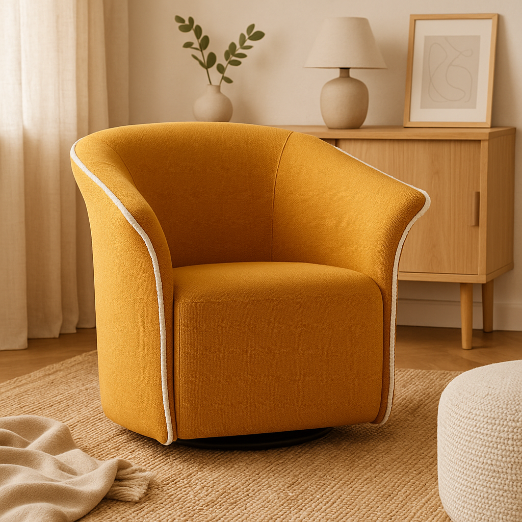 Poltrona girevole in tessuto senape con bordino bianco