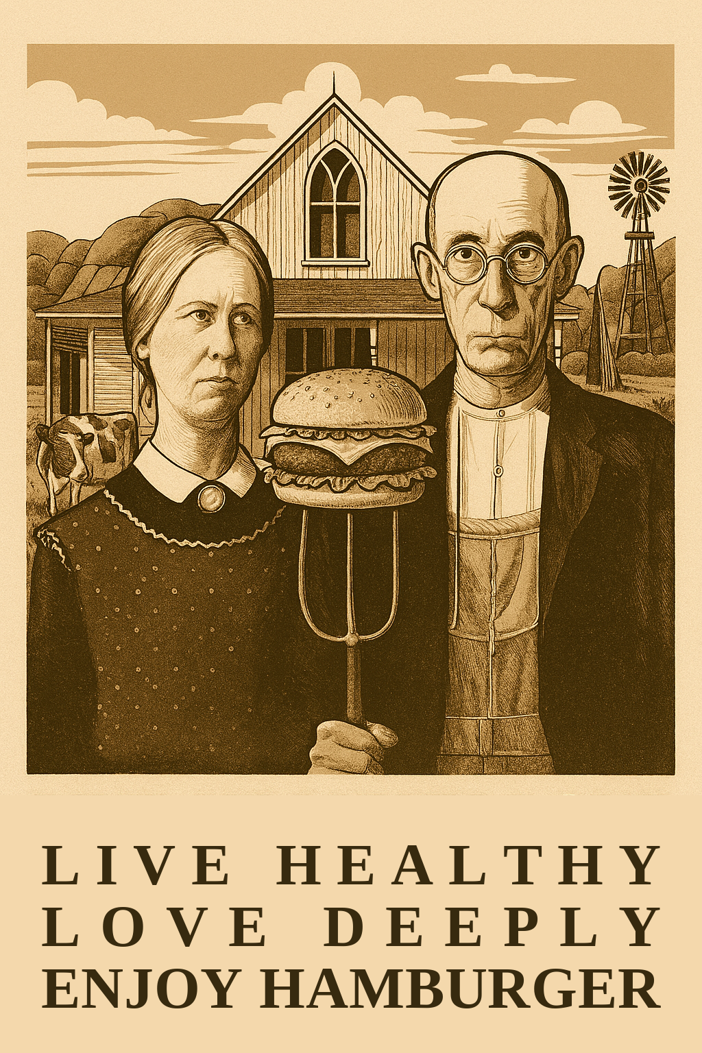 American Gothic, American Gothic Hamburger, "Live Healthy, Love Deeply, Enjoy Hamburger"
