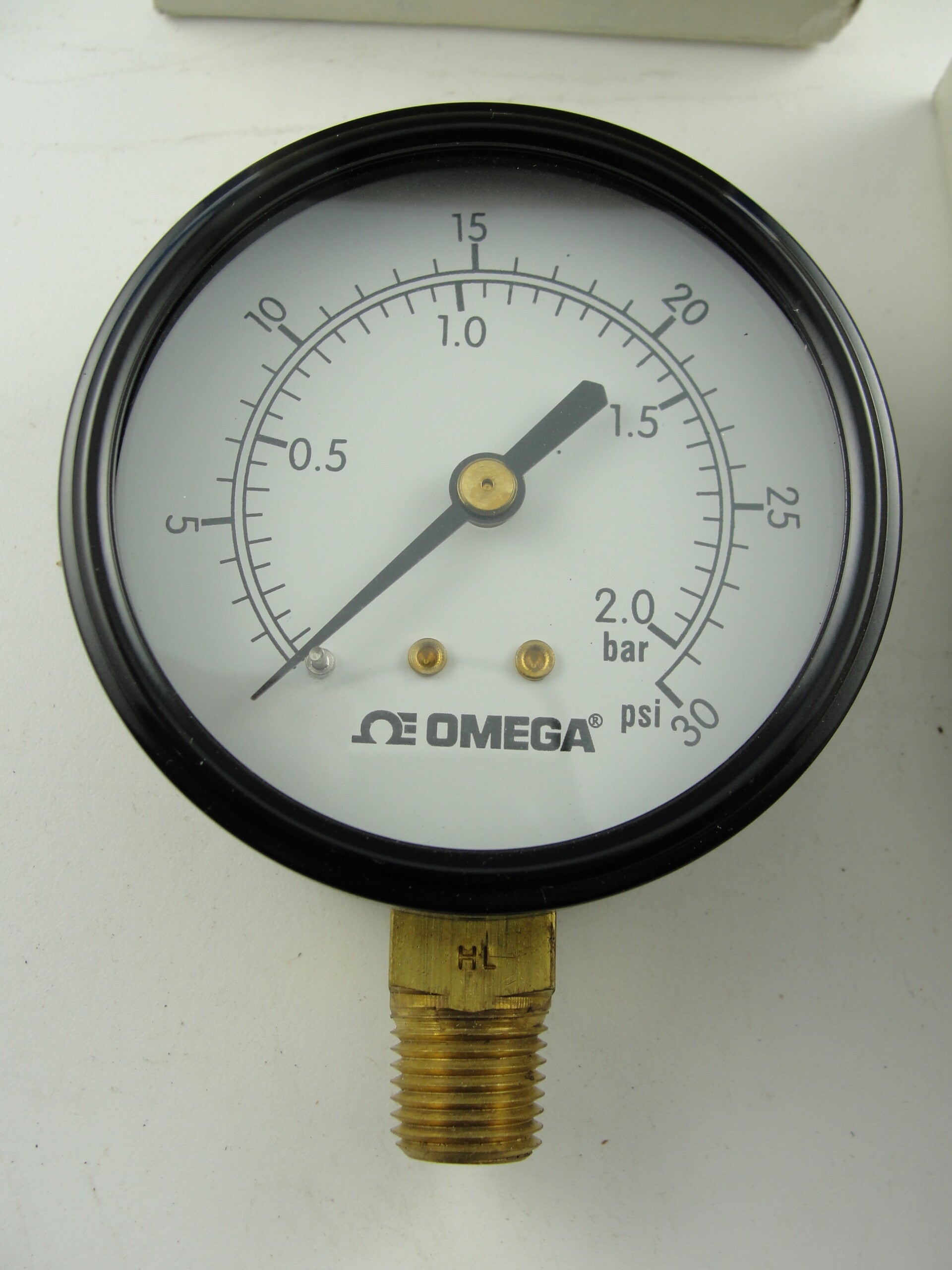 Lot of 3, Omega PGU-25L-30PSI/2BAR, Pressure gauge 0-30PSI, 2.5” face, ¼” lower mount