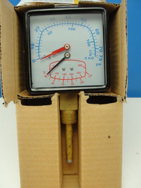 Grainger 4CFC8 Square Boiler Gauge, 0-75PSI, 60° to 260°F  & 20° to 120°C