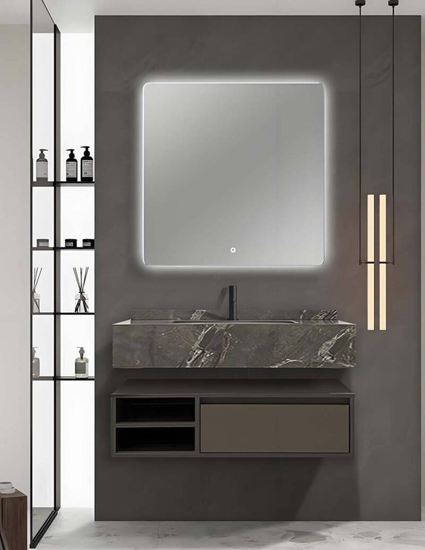 Mobile bagno sospeso modello Alba con un cassettone composizione composta da base mobile, lavabo, specchio a LED