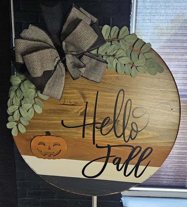 Hello Fall Handmade Wood Round Door Sign