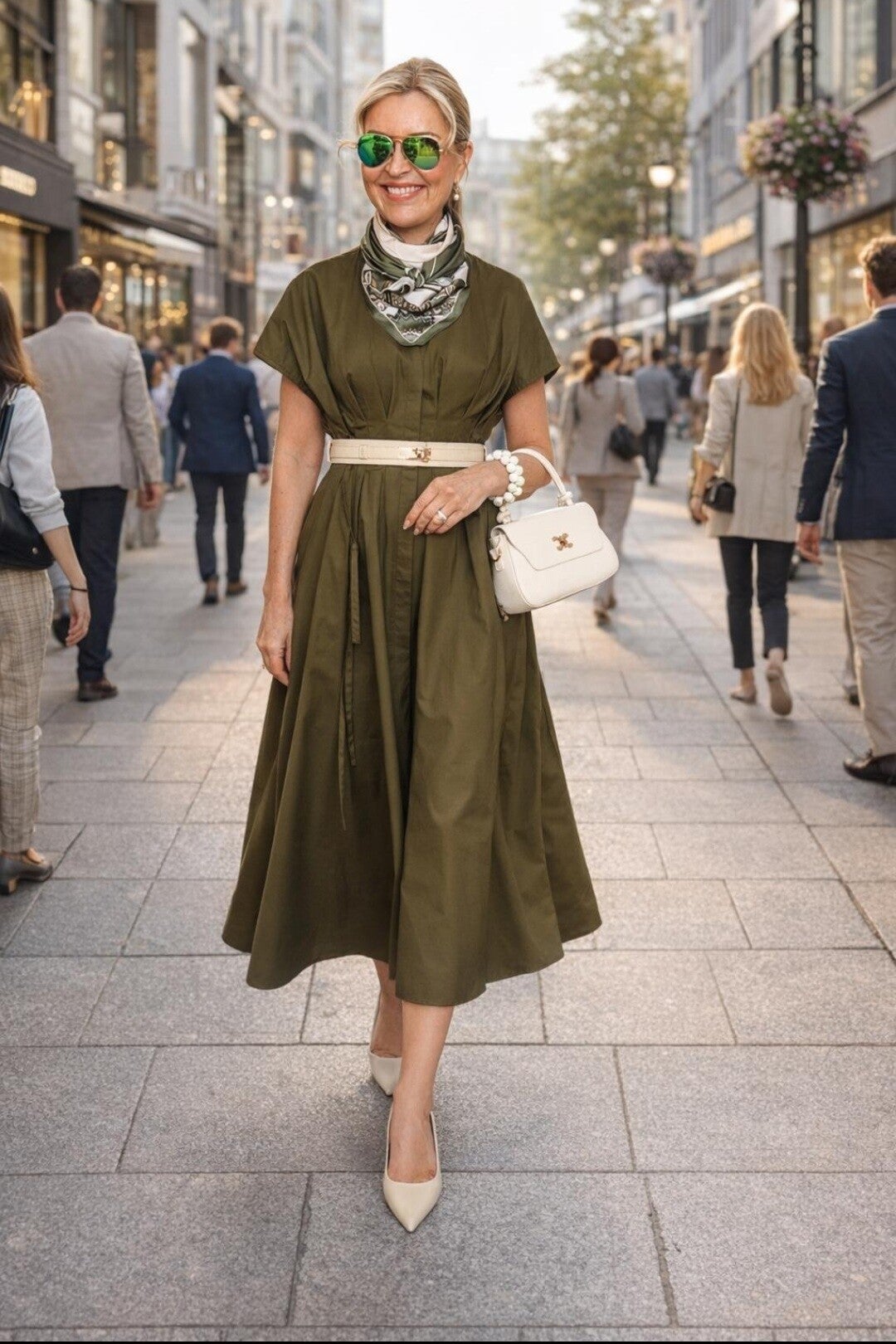 Khaki Midi Kleid aus 100% Baumwolle – feminin & elegant