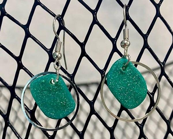 Green Earrings with silver hoops