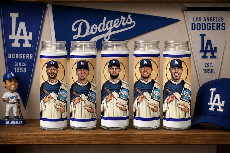 Handmade Dodgers prayer candles displayed together for baseball fans