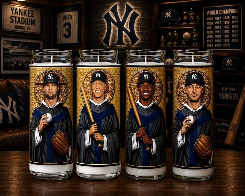 Handmade Yankees prayer candle styled for a baseball game-day display