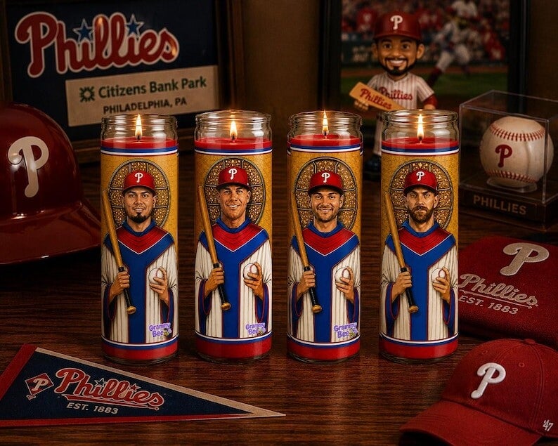 Handmade Phillies prayer candle arranged for a baseball watch party