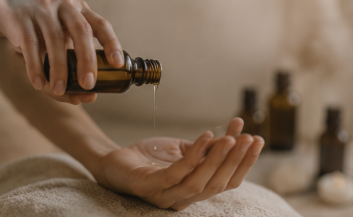 Ätherisches Aromaöl wird aus einer Glasflasche in eine Hand getropft (Aromaöl-Entspannung)