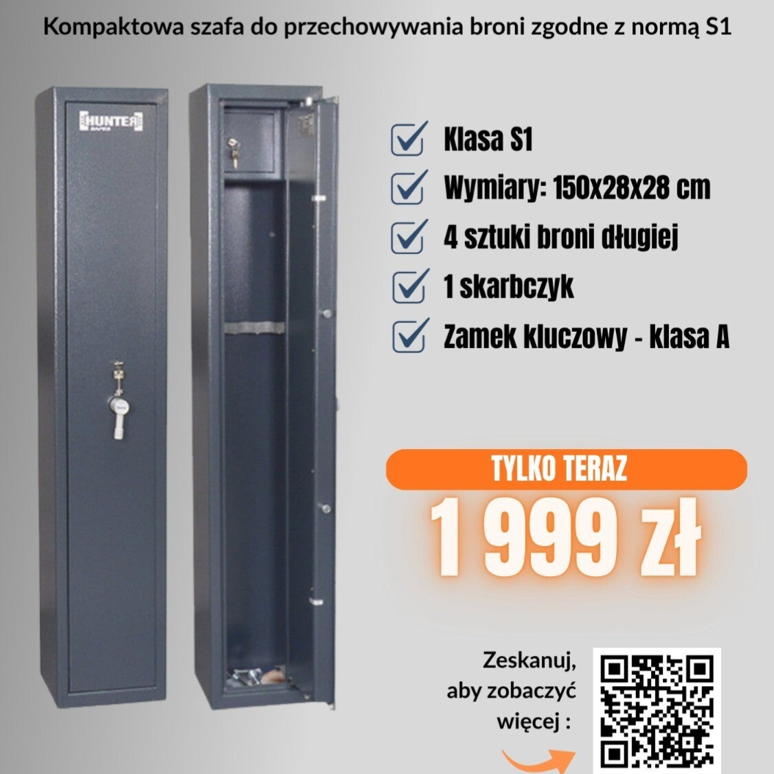 Solidna, kompaktowa szafa na broń, 4 do 5 sztuk broni długiej. S1