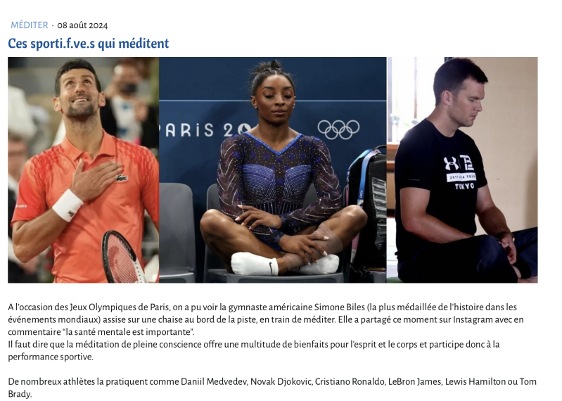 Champions de sport comme Simone Biles et Novak Djokovic pratiquant la méditation de pleine conscience.