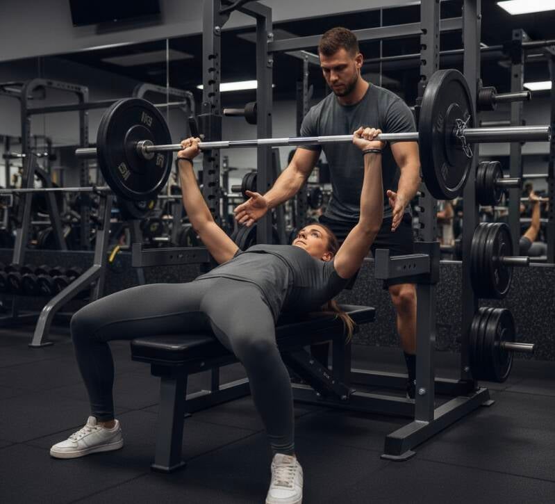 Coach accompagnant une femme au développé couché pour un entraînement en pleine conscience.