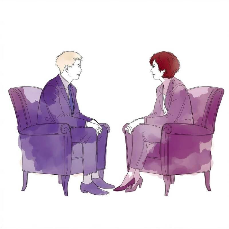 Un homme et sa thérapeute sont assis face à face. Elle est dans une posture d'écoute active, le corps penché vers lui, attentive et engagée.