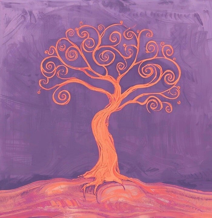 Arbre au tronc tordu, mais bien ancré et dont les branches sont en forme de spirales. Il représente l'être en devenir que l'on est et à qui la psychothérapie ouvre la voie.