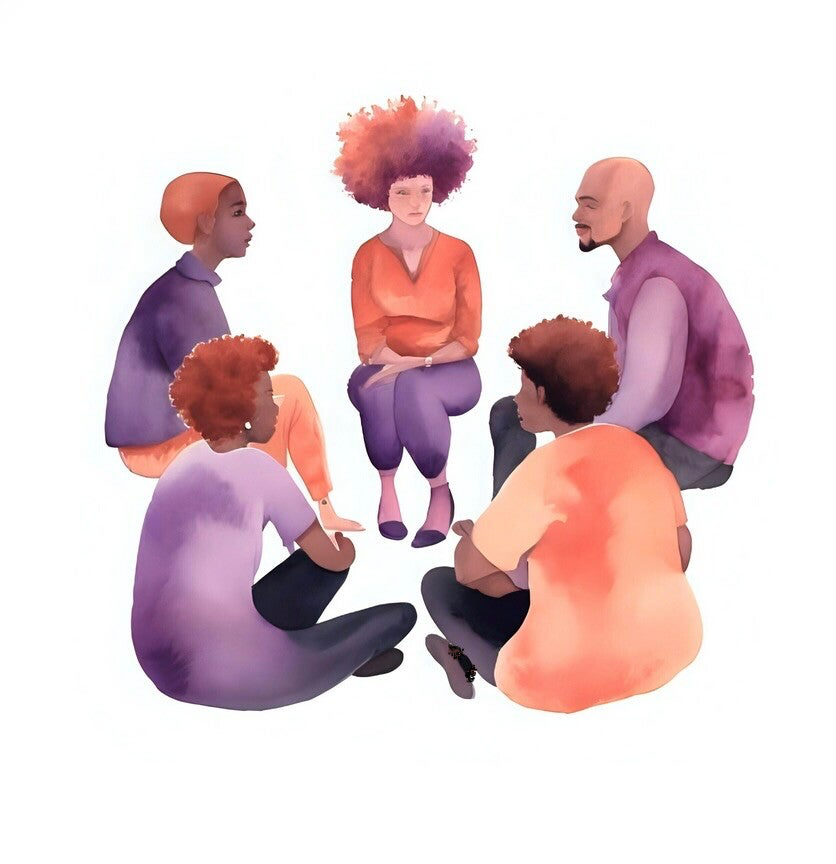 Cinq personnes sont assises en rond et participent à un groupe de parole. Leur partage leur permet d'avancer et le groupe est une ressource précieuse.