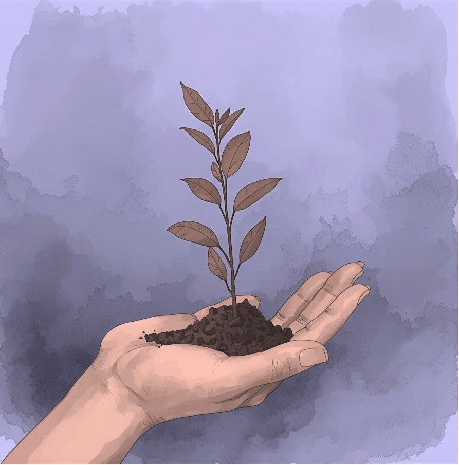 Une main tient en son centre une plantule et sa motte de terre. Représentation de la tendance à la réalisation de soi, ou tendance actualisante.