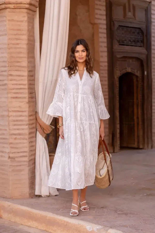Long white cotton dress with English embroidery