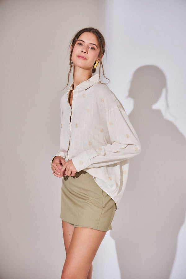 Cotton fluid shirt with washer embroidery beige