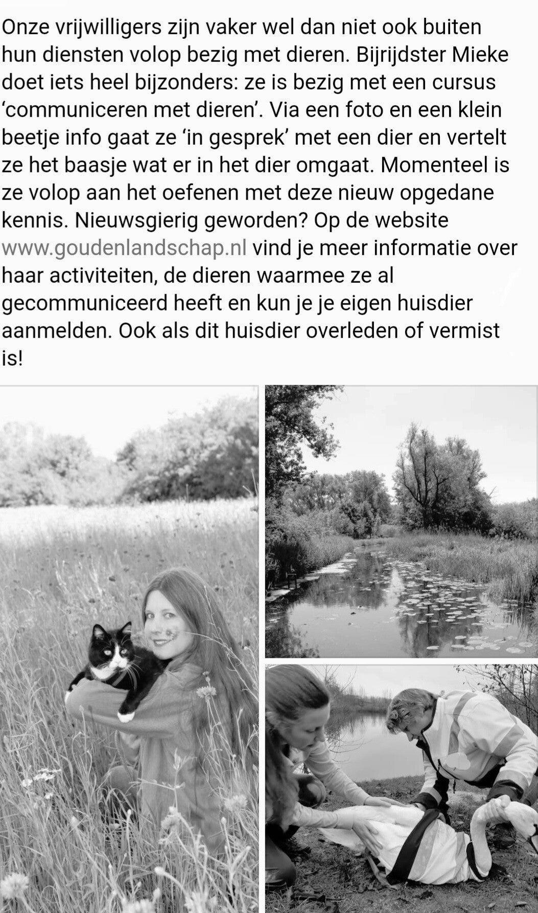 Facebook-bericht van Dierenambulance over bijrijdster Mieke die een cursus communiceren met dieren volgt, inclusief  foto's van Mieke met een kat en Mieke tijdens een dierenhulpactie.