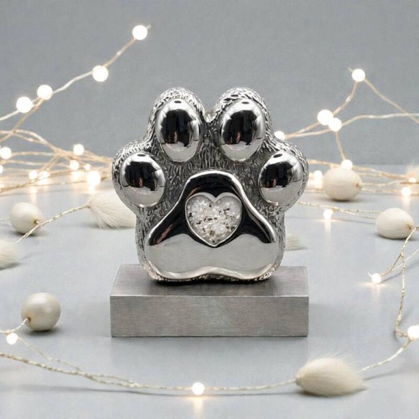 Stainless Steel Paw Print with Resin Heart – Personalised Memorial Keepsake