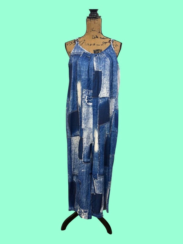 Faux Denim Cropped Jumpsuit- Ladies M