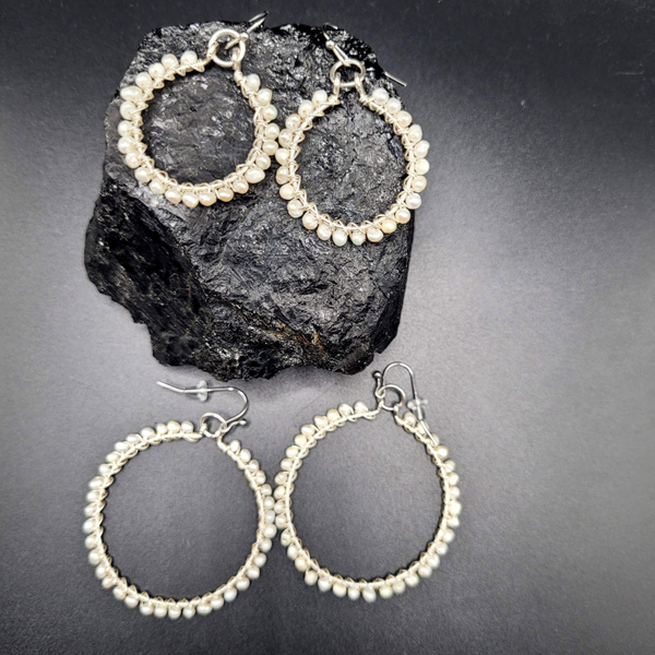 Pearl Hoop Earrings – Sterling Silver, Handmade, Wire Wrapped Hoops, June Birthstone Jewelry Gift