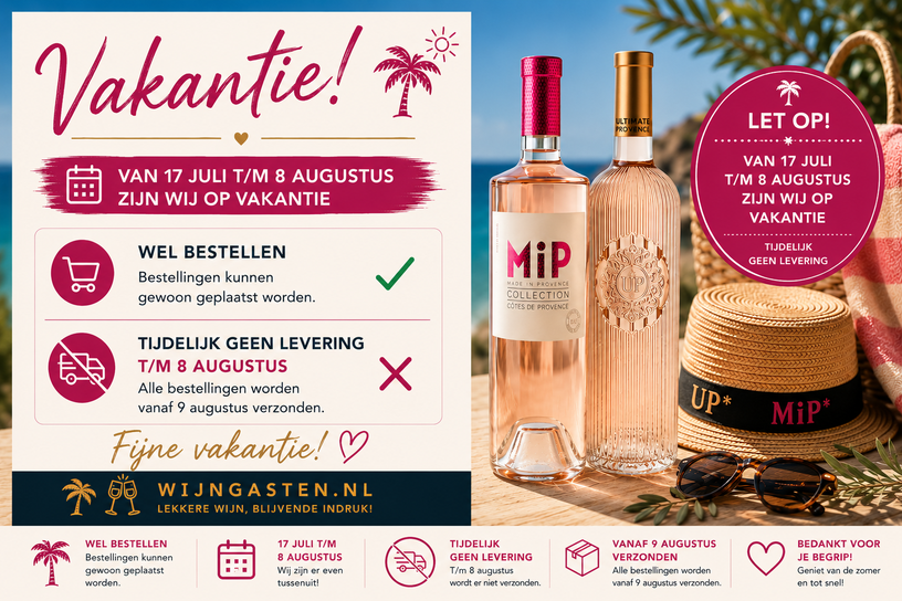 Vakantiemelding Wijngasten: bestellen blijft mogelijk, maar van 17 juli tot en met 8 augustus vindt tijdelijk geen levering plaats.