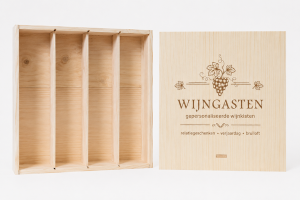Kistje wijn cadeau (4 flessen) met eigen opdruk