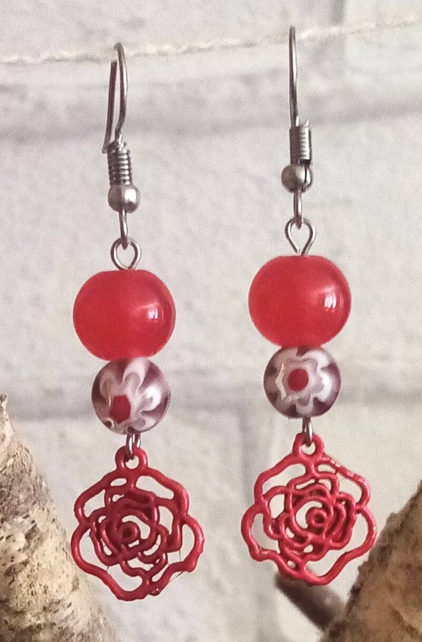 Boucles d'oreilles Rose rouge et mauve