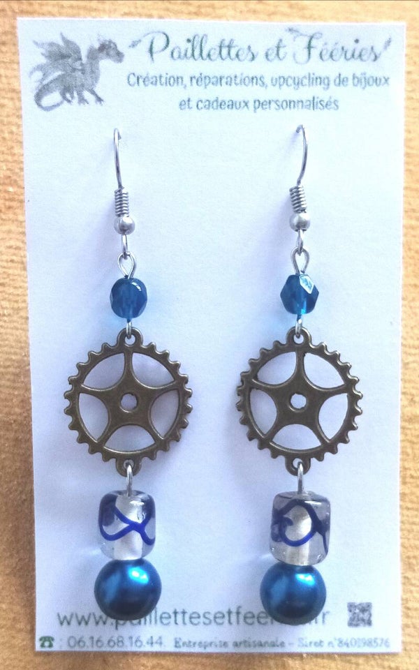 Boucles d'oreilles Engrenages bleu transparent