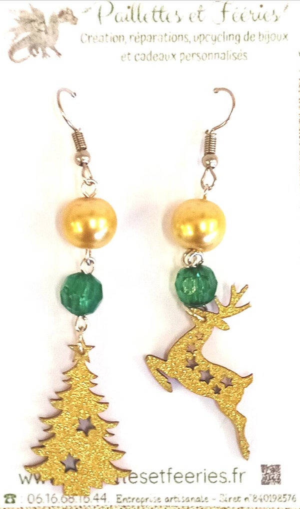 Boucles d'oreilles Noël vert et or sapin et renne