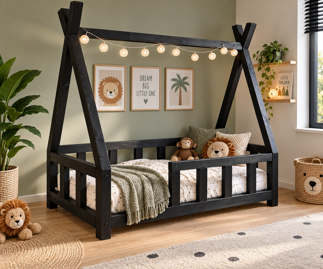 xTipi Kinderbed 70x150/80x160/90 × 200 cm Zwart Industrieel Kinderbed met Stoere Uitstraling