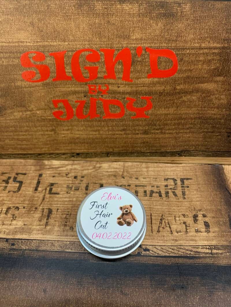 First hair cut tin from sign'd by judy