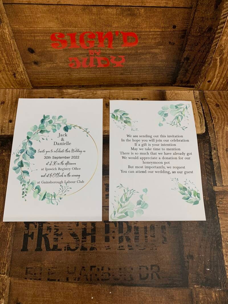 eucalyptus leaves with circle gold frame wedding invites postacrds from signd by judy in felixstowe