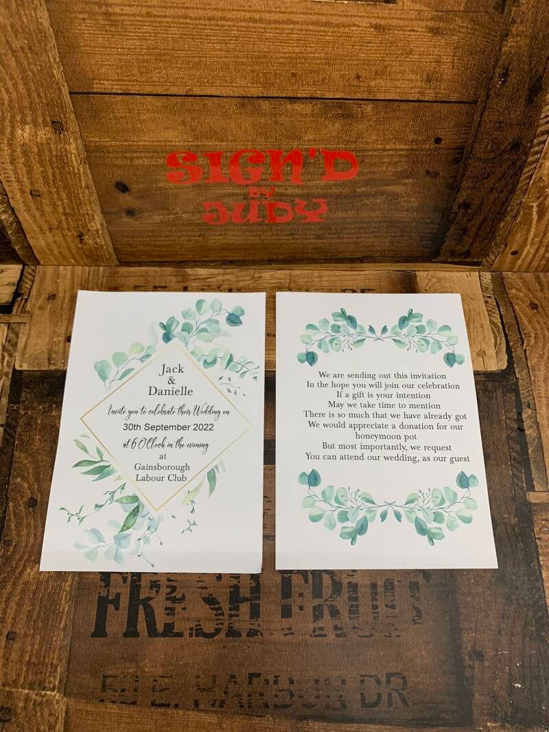 square gold frame eucalyptus wedding invitations postcards from signd by judy in felixstowe