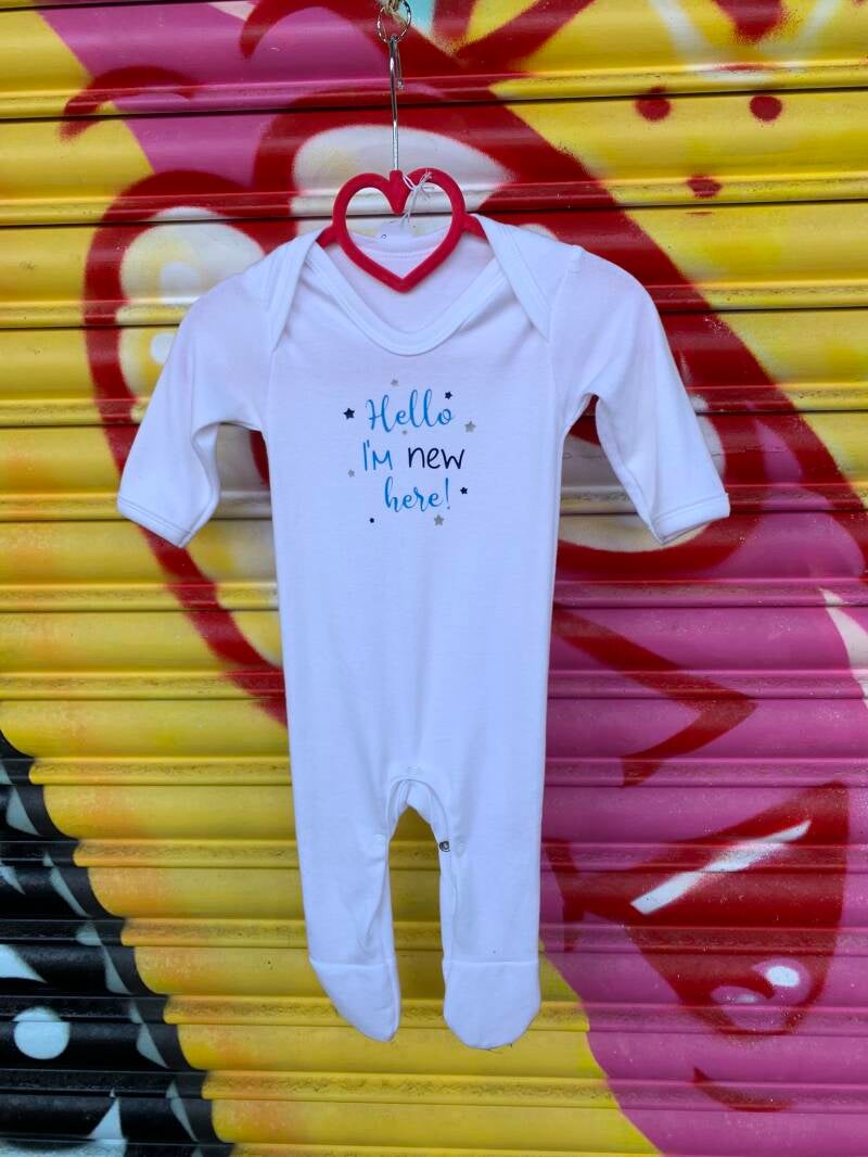 Hello world i'm new here baby sleep suit from sign'd by judy