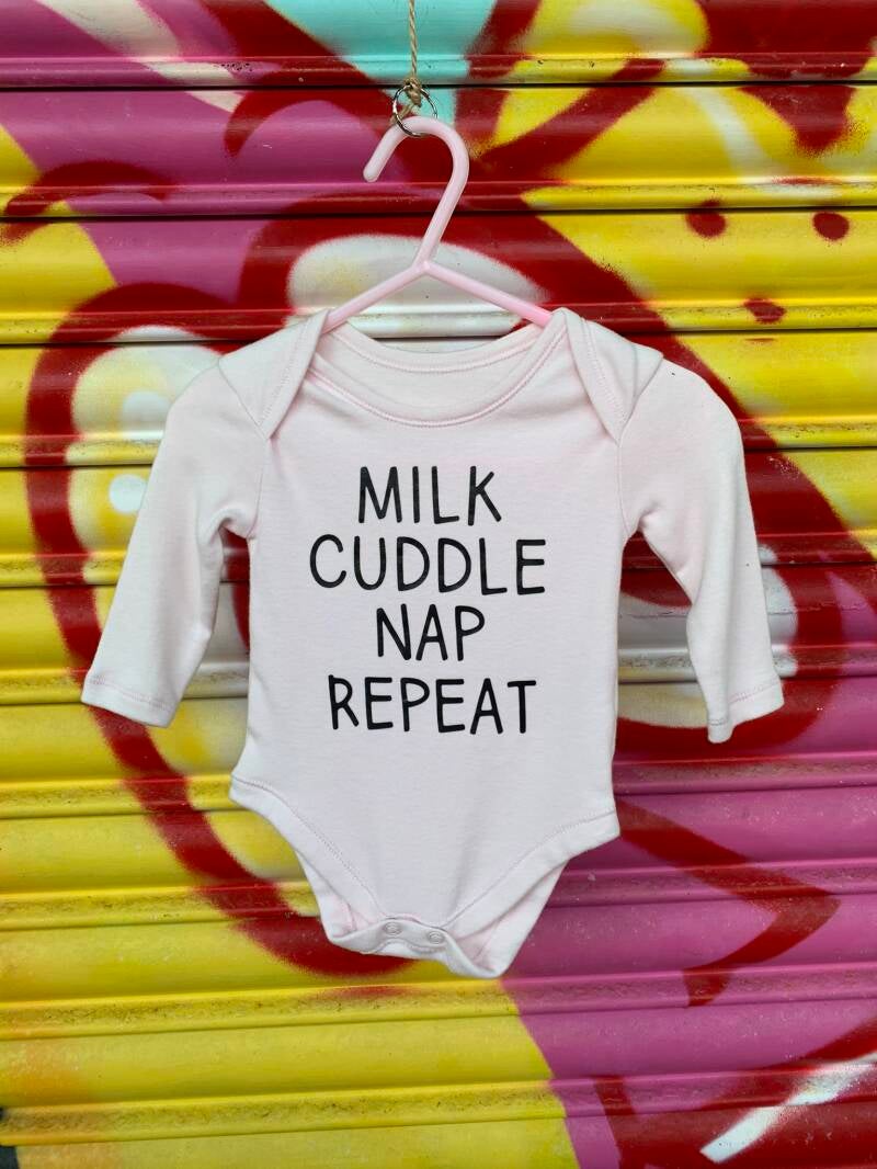 Milk, cuddle, nap , repeat baby vest from sign'd by judy