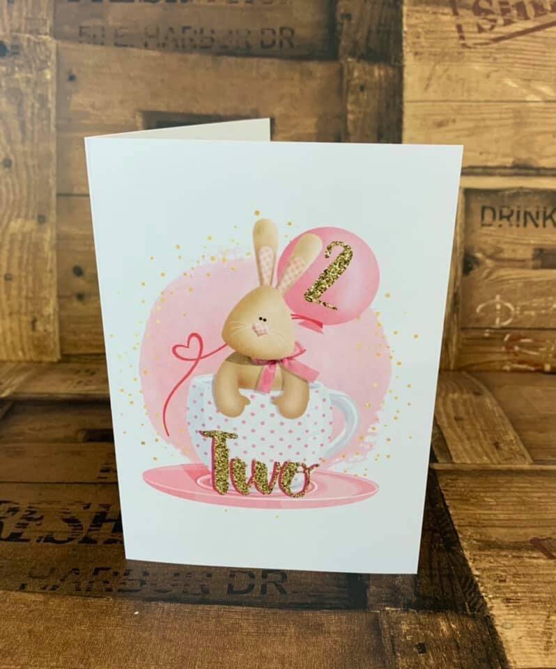 pink bunny in cup card from sign'd by judy in felixstowe
