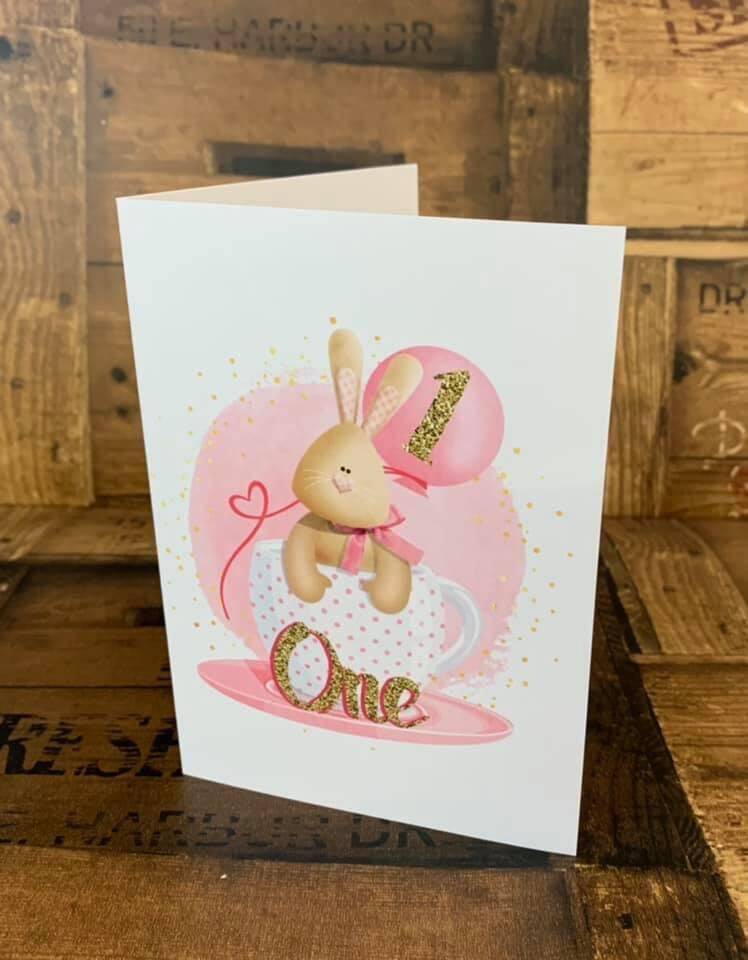 pink bunnyin cup card from sign'd by judy in felixstowe