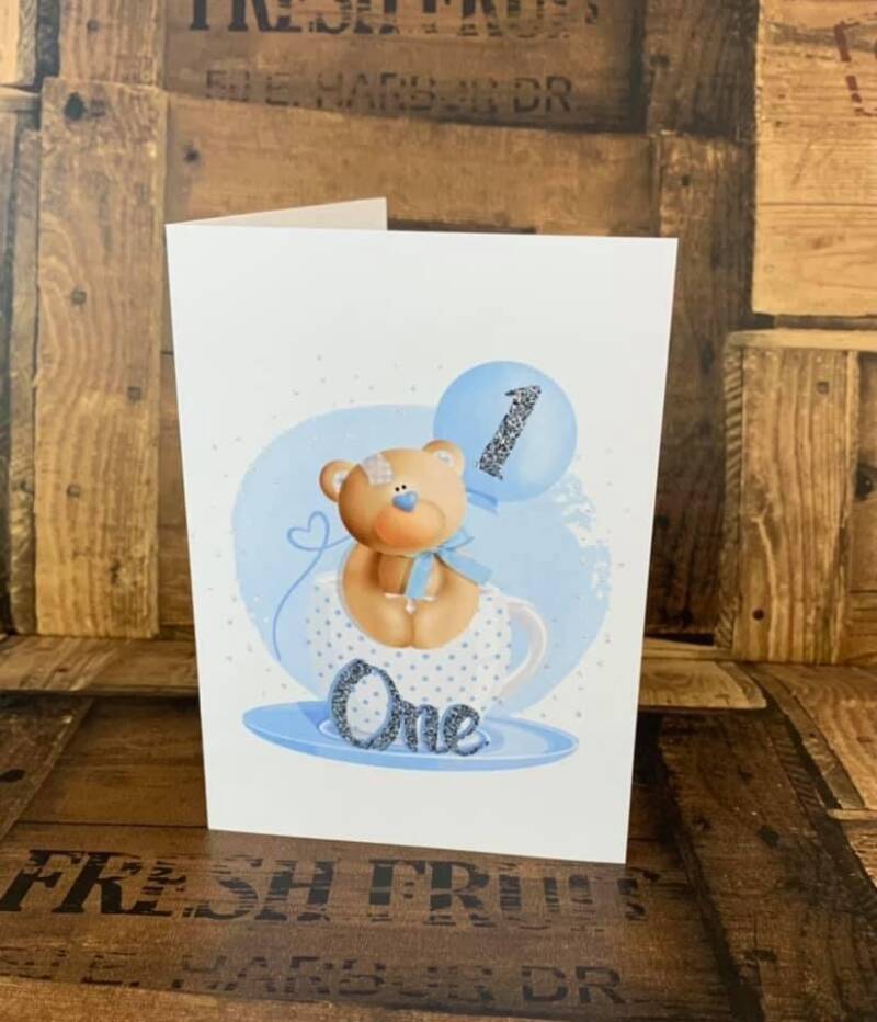 teddy bear in a cup birthdasy card age 1 from sign'd by judy in felixstowe
