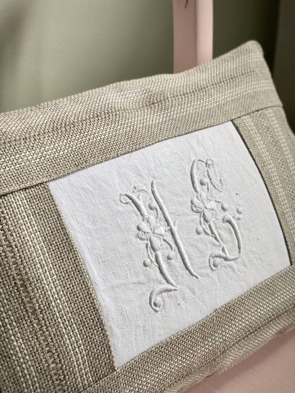 Handwoven Linen Cushion with Antique French Embroidery