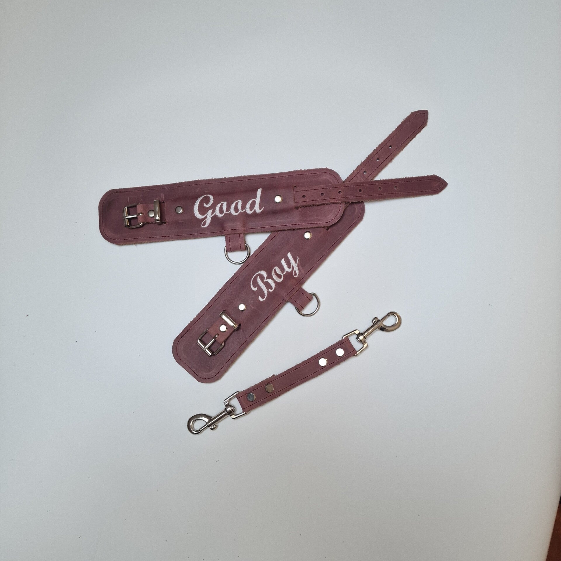 Luxury leather handcuffs with custom text old pink