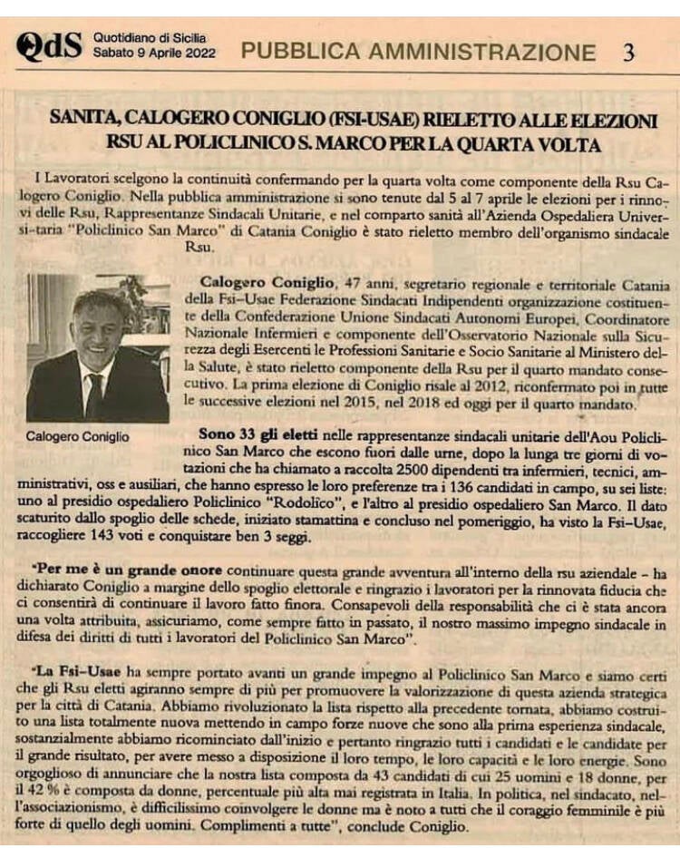 Calogero Coniglio politica sindacale rieletto quarta vola elezioni rsu