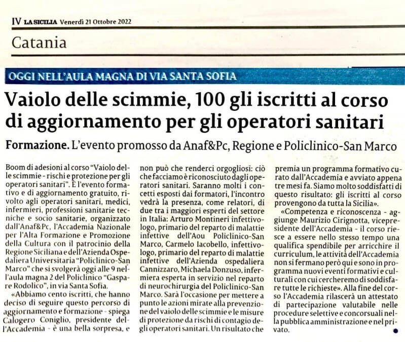 Coniglio Calogero Presid. ANAFePC: Grande adesione per il corso sul vaiolo delle scimmie